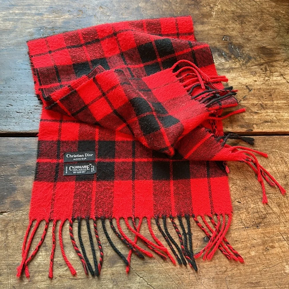 DIOR Vintage Plaid Tasseled Soft Scarf, Unisex, Red & Black